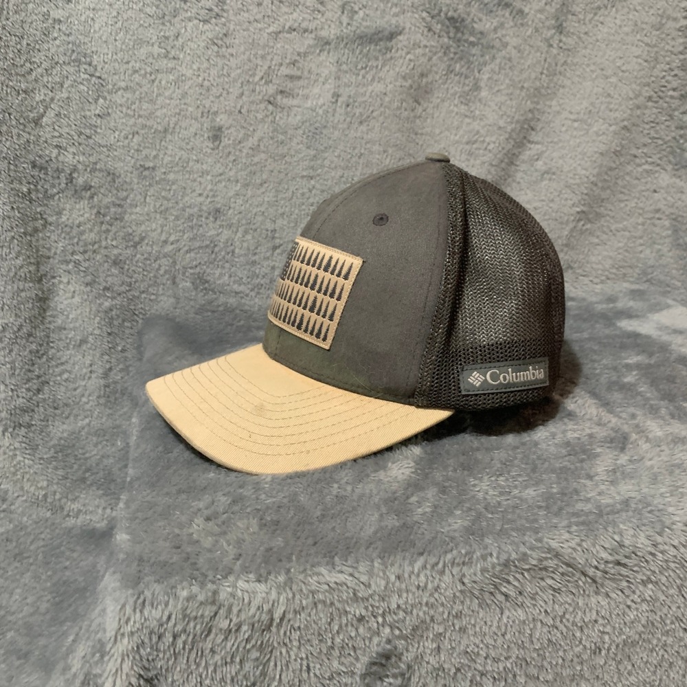 Columbia PFG Trucker Hat‎ American Flag Pine Tree Mesh Back Flexfit Gray Tan S/M